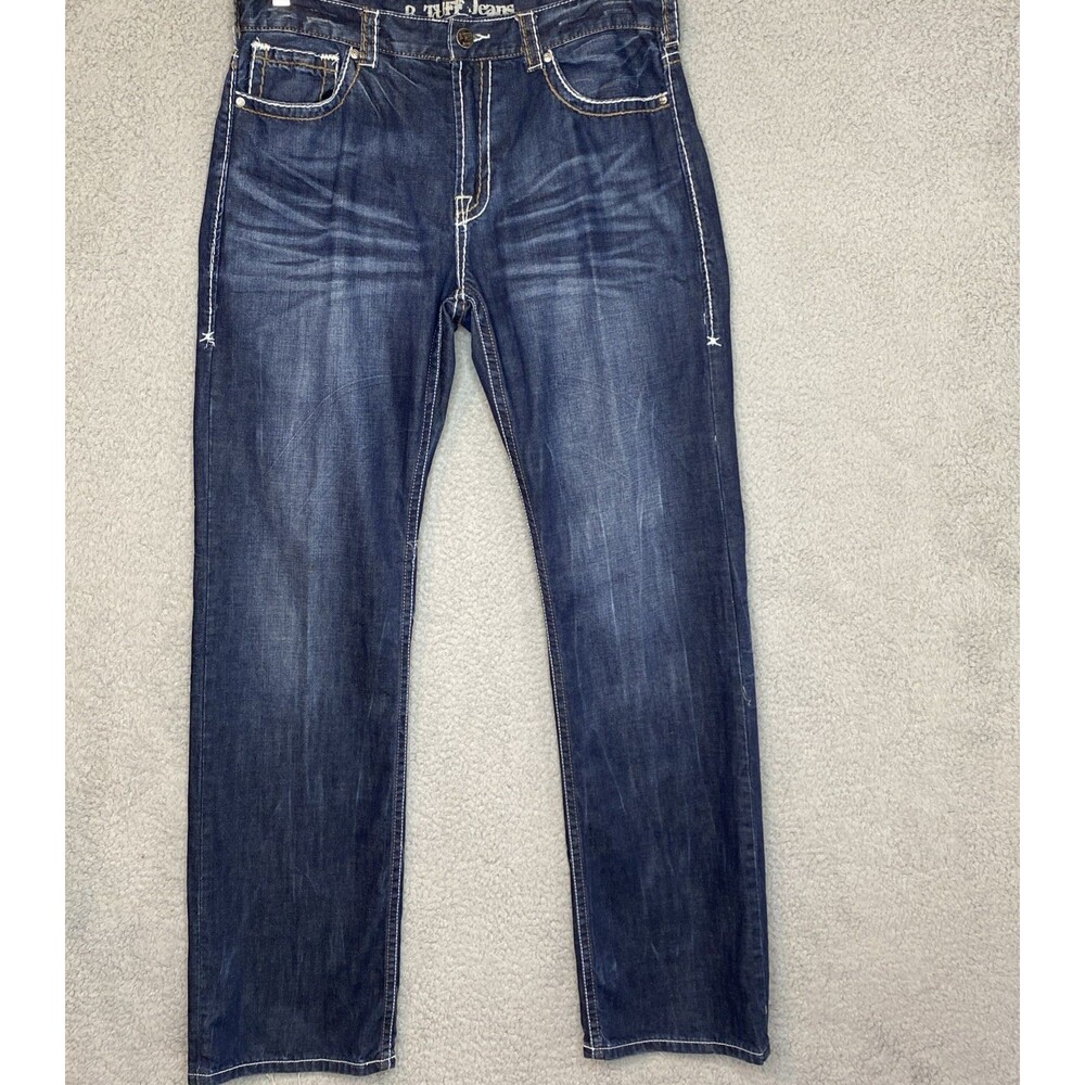 B. Tuff Mens Zac Blue Jeans Western Whiskers 36x36 mid rise straight leg Cotton